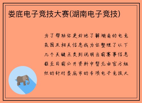 娄底电子竞技大赛(湖南电子竞技)